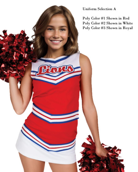 Selection A - Custom Vest CF1022 paired with Low-Rise A-Line Skirt CF2312.  Selection A-Poly color #1 Shown in Red, Poly color #2 Shown in White, Poly color #2 Shown in Royal.