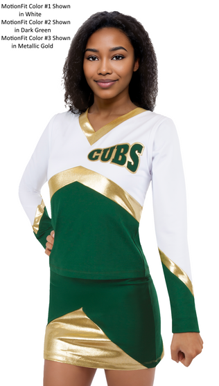 Custom Motionfit Vest CF7178 paired with MotionFit Bodyliner CF7078B and MotionFit Skirt CF8101.    MotionFit Color #1 Shown in White, MotionFit Color #2 Shown in Dark Green, MotionFit Color #3 Shown in Metallic Gold