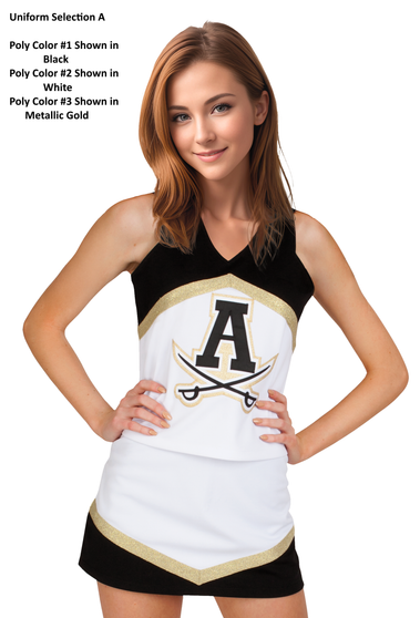 Selection A - Custom Vest CF1004 paired with Low-Rise A-Line Skirt CF2674.  Poly color #1 Shown in Black, Poly color #2 Shown in White, Poly color #3 Shown in Metallic Gold