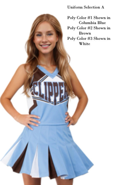 Selection A - CF1579 with the 16-Pleat Skirt CF2045 - Poly color #1 shown in Columbia Blue, Poly color #2 shown in Navy, Poly color #3 shown in White.