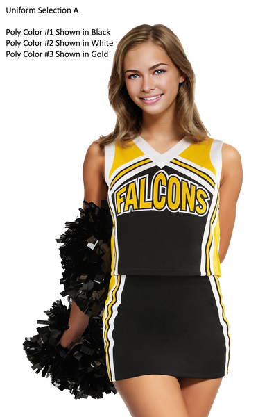 Selection A - Custom Vest CF1513 paired with Low-Rise A-Line Skirt CF2390.  Poly color #1 Shown in Black, Poly color #2 Shown in Gold, Poly color Shown in White.