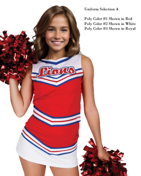 Selection A - Custom Vest CF1022 paired with Low-Rise A-Line Skirt CF2312.  Selection A-Poly color #1 Shown in Red, Poly color #2 Shown in White, Poly color #2 Shown in Royal.