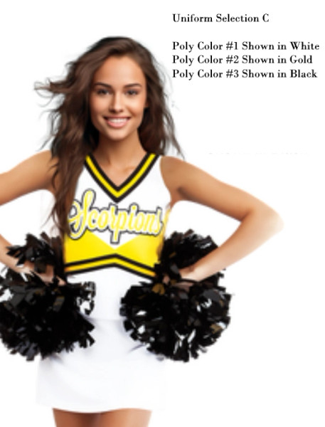 Selection A - Custom Vest CF1190 paired with A-Line Skirt CF2012.  Poly color #1 Shown in White, Poly color #2 Shown in Gold, Poly color #3 Shown in Black.