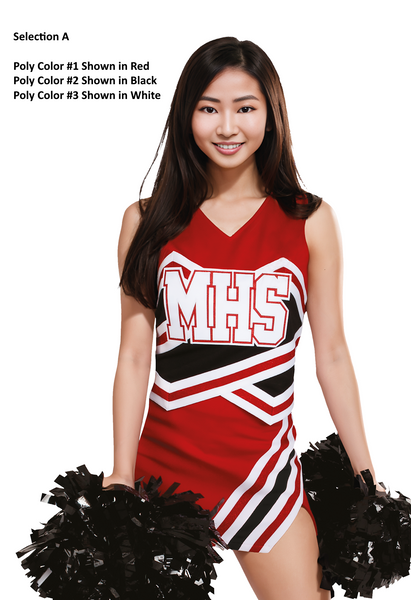 Selection A - Custom Vest CF1930 paired with Low-Rise A-Line Skirt CF2412. Poly color #1 Shown in Red, Poly color #2 Shown in Black, Poly color #3 Shown in White.