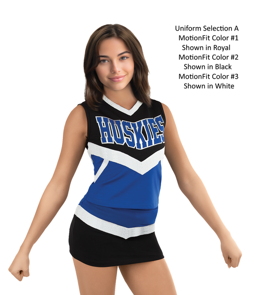 Selection A - Custom MotionFit Vest CF7056 paired with MotionFit Skirt CF8134.  Motionfit color #1 Royal, Motionfit color #2 Shown in Black, Motionfit color #3 Shown in White.