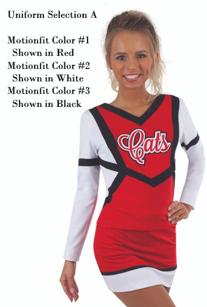 Selection A - Custom MotionFit Top CF7134 paired with MotionFit Skirt CF8067.  Motionfit color #1 Shown in Red, Motionfit color #2 Shown in White, Motionfit color #3 Shown in Black