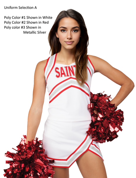 Custom Vest CF1613 paired with Low-Rise A-Line Skirt CF2535.  Poly color #1 Shown in White, Poly color #2 Shown in Red, Poly color #3 Shown in Metallic Silver