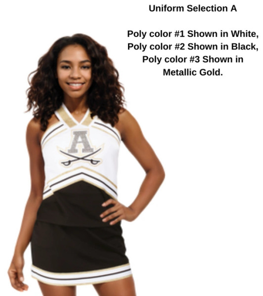 Custom Vest CF1005 paired with A-Line Skirt CF2001.  Poly color #1 Shown in White, Poly color #2 Shown in Black, Poly color #3 Shown in Metallic Gold.
