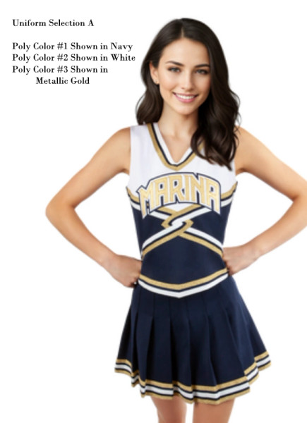 Custom Vest CF1941 paired with 16-Pleat Skirt CF2023.  Poly color #1 Shown in White, Poly color #2 Shown in Navy, Poly color #3 Shown in Metallic Gold