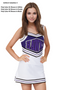 Selection C - Custom Vest CF1044 paired with A-Line skirt CF2001.  Poly Color #1 Shown in White, Poly Color #2 Shown in Purple, Poly Color #3 Shown in Black.