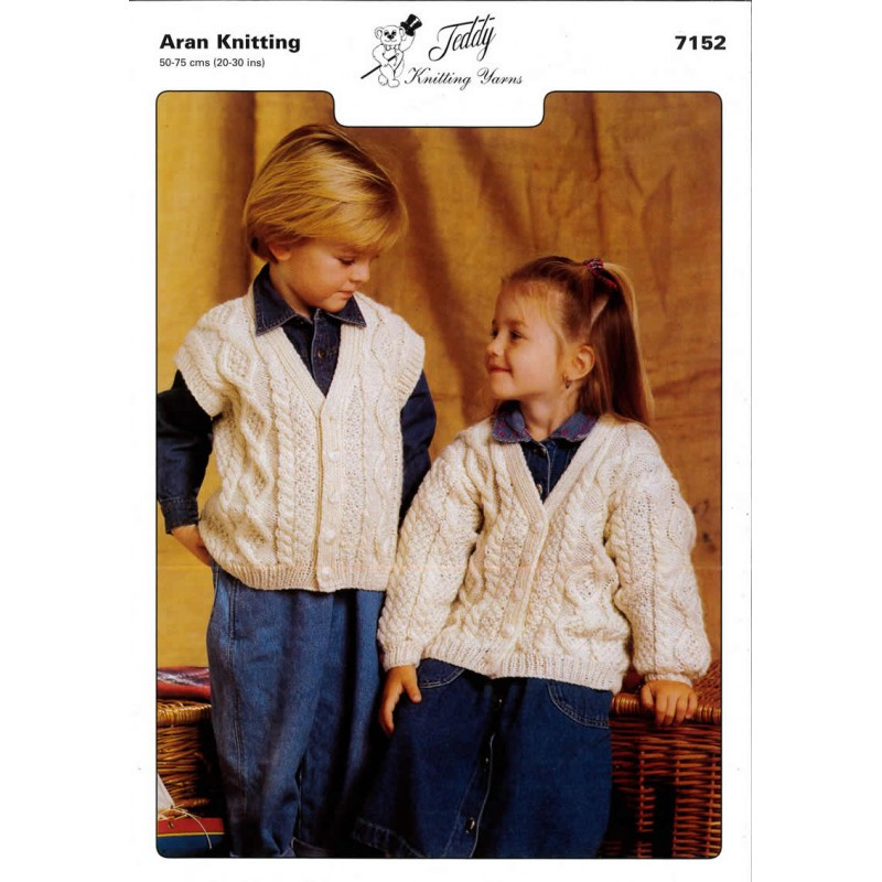 Childs Aran Cardigan Vest Knitting Pattern 7152