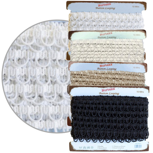 Bridal button looping trim on a 10 meter card. Available in black, ivory, nude and white. Bridal button looping trim on a 10 meter card. Available in black, ivory, nude and white.
