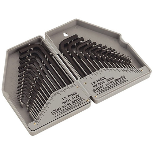 Large set of 30 hex allen keys in both metric and imperial sizes.