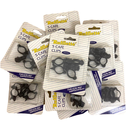 Bulk offer of small black decorative cafe curtain clips. Each packet has 5 clips there are 10 packets in total.