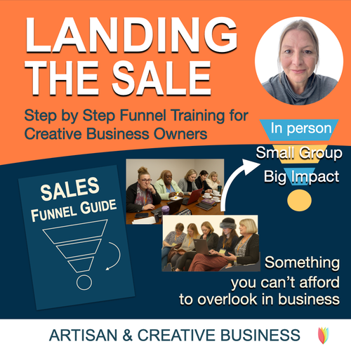 Orange and navy background with Landing the Sale written across the top. It has Sales Funnel Guide written bottom left and photos of ladies in a small intimate classroom scene. A photo of Paula, top right and a yellow and blue funnel with more text written across the image.