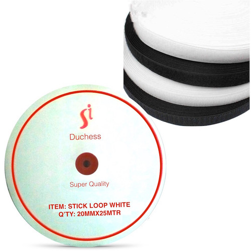 Hook and loop tape with stick on in both black and white, 25 meters each.