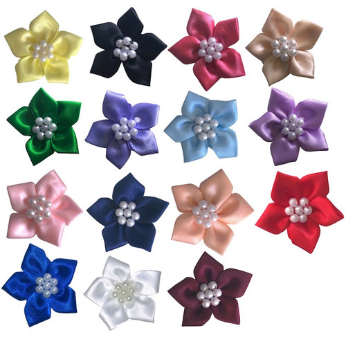 Satin ribbon flowers with five petals and beaded centre in a selection of colours.