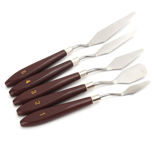 Wooden handle palette knife set with metal blades.