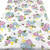 Lilac and blue rose flower on white polycotton fabric with green foliage and tiny purple flowers.