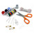 Contents of sewing kit, small scissors, thread, button, sewing needles, tape measure and safety pin.