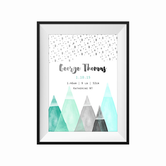 kids print wall décor art nursery art babys room décor whimsical pictures inspirational words birth print customised bespoke birth details mountain motif