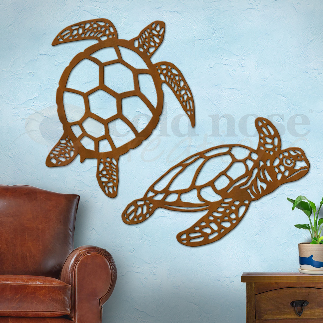Rust Turtle Set Big 87-inch Sea Turtle Two Piece Set: Rust Metal Outdoor Wall Art ...
