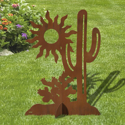 36in Tall Cactus Scene Southwestern Decor Rust Metal Sturdy Outdoor Yard Art Lawn Statue Sculpture - Made in USA