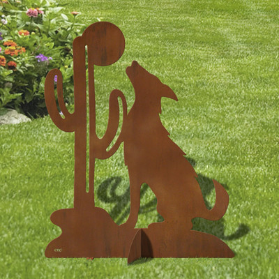 36in Tall Coyote Cactus Southwestern Decor Rust Metal Sturdy Outdoor Yard Art Lawn Statue Sculpture - Made in USA