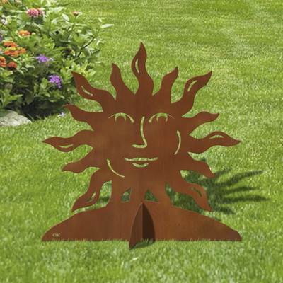 24in Wide Sun Face Modern Decor Rust Metal Sturdy Outdoor Yard Art Lawn Statue Sculpture - Made in USA