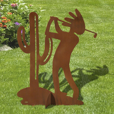 36in Tall Kokopelli Cactus Golfer Golf Theme Rust Metal Sturdy Outdoor Yard Art Lawn Statue Sculpture - Made in USA