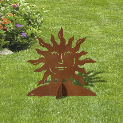 24in Tall Sun Face Modern Decor Rust Metal Sturdy Outdoor Yard Art Lawn Statue Sculpture - Made in USA