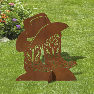 36in Tall Boots Hat Western Decor Rust Metal Sturdy Outdoor Yard Art Lawn Statue Sculpture - Made in USA