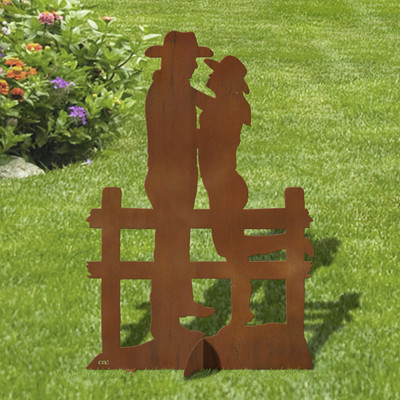36in Wide Cowboy Lovers Western Decor Rust Metal Sturdy Outdoor Yard Art Lawn Statue Sculpture - Made in USA