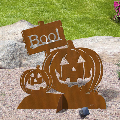 36in or 40in Tall Personalized Halloween Jack O Lanterns Rust Metal Outdoor Lawn Decoration Sculpture with Reflective Letters and Solar Light
