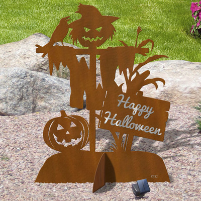 36in or 40in Tall Personalized Halloween Scarecrow Rust Metal Outdoor Lawn Decoration Sculpture with Reflective Letters and Solar Light