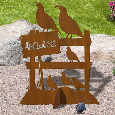 36in or 40in Tall Personalized Quail on Fence Rust Metal Outdoor Lawn Decoration Sculpture with Reflective Letters and Solar Light