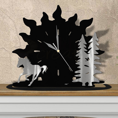 Western Theme Horse and Trees Sunrise Mantle Clock - Choose Black or Rust Patina in Satin Black