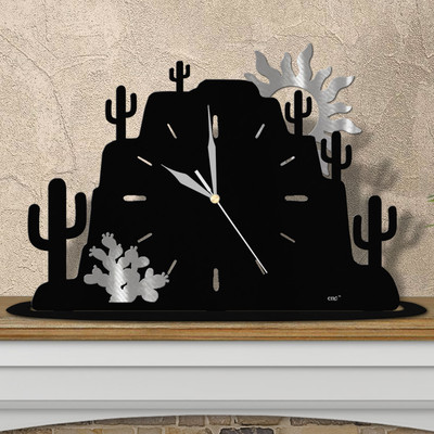 Southwest Theme Prickly Pear Cactus Mountain Mantle Clock - Choose Black or Rust Patina in Satin Black