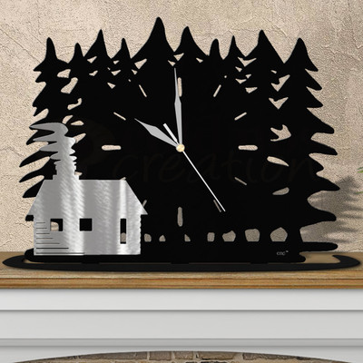 Lodge Theme Log Cabin Trees Mantle Clock - Choose Black or Rust Patina in Satin Black