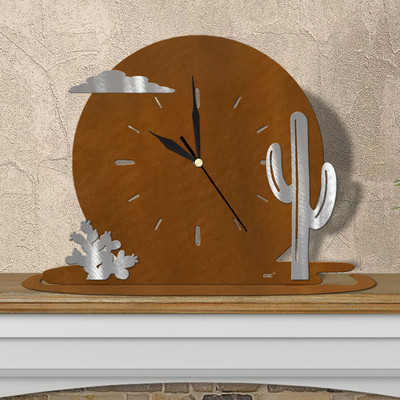 Southwest Theme Cactus Moonrise Mantle Clock - Choose Black or Rust Patina in Rust Patina