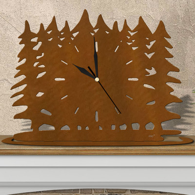 Lodge Theme Evergreen Trees Mantle Clock - Choose Black or Rust Patina in Rust Patina
