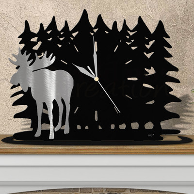 Lodge Theme Lone Moose Trees Mantle Clock - Choose Black or Rust Patina in Satin Black