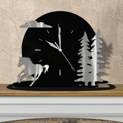 Western Theme Horse and Trees Moonrise Mantle Clock - Choose Black or Rust Patina in Satin Black
