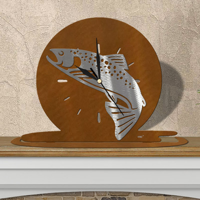 Fishing Theme Jumping Trout Moonrise Mantle Clock - Choose Black or Rust Patina in Rust Patina