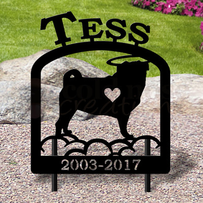 Custom Made Pug Pet Memorial - 16in W Sturdy Upright Metal - Satin Black with Block Lettering