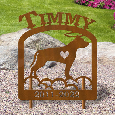Custom Made American Staffordshire Terrier Pet Memorial - 16in W Sturdy Upright Metal - Rust Patina with Block Lettering
