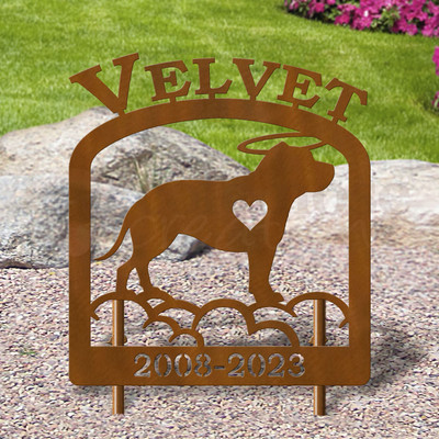 Custom Made Staffordshire Bull Terrier Pet Memorial - 16in W Sturdy Upright Metal - Rust Patina with Block Lettering