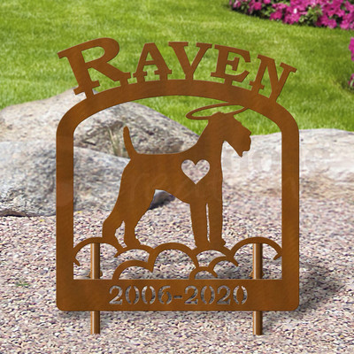 Custom Made Airedale Pet Memorial - 16in W Sturdy Upright Metal - Rust Patina with Block Lettering