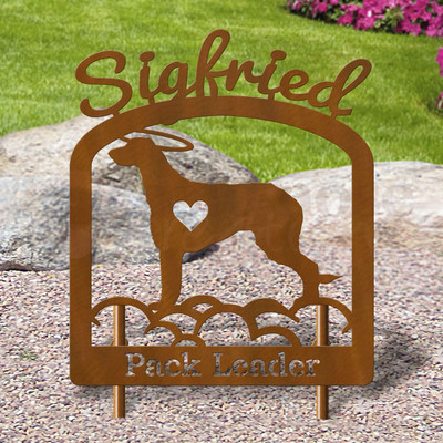 Custom Made Irish Wolfhound Pet Memorial - 16in W Sturdy Upright Metal - Rust Patina with Script Lettering