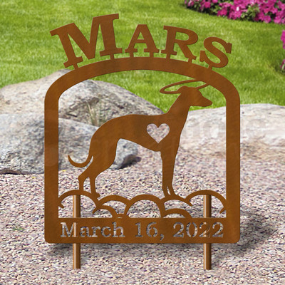 Custom Made Italian Greyhound Pet Memorial - 16in W Sturdy Upright Metal - Rust Patina with Block Lettering